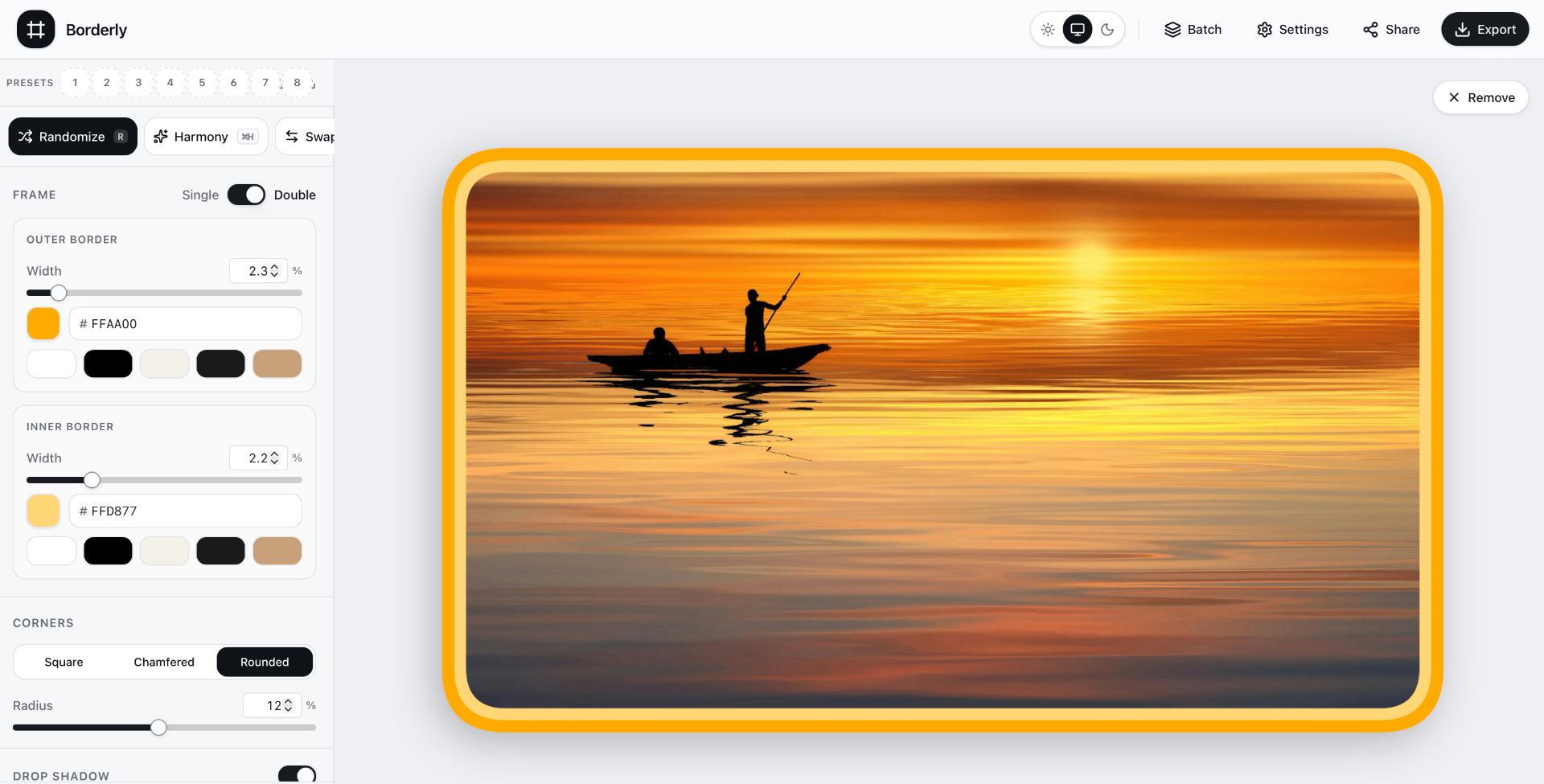 Borderly app interface — a framed sunset landscape with controls for border, color and shadow.